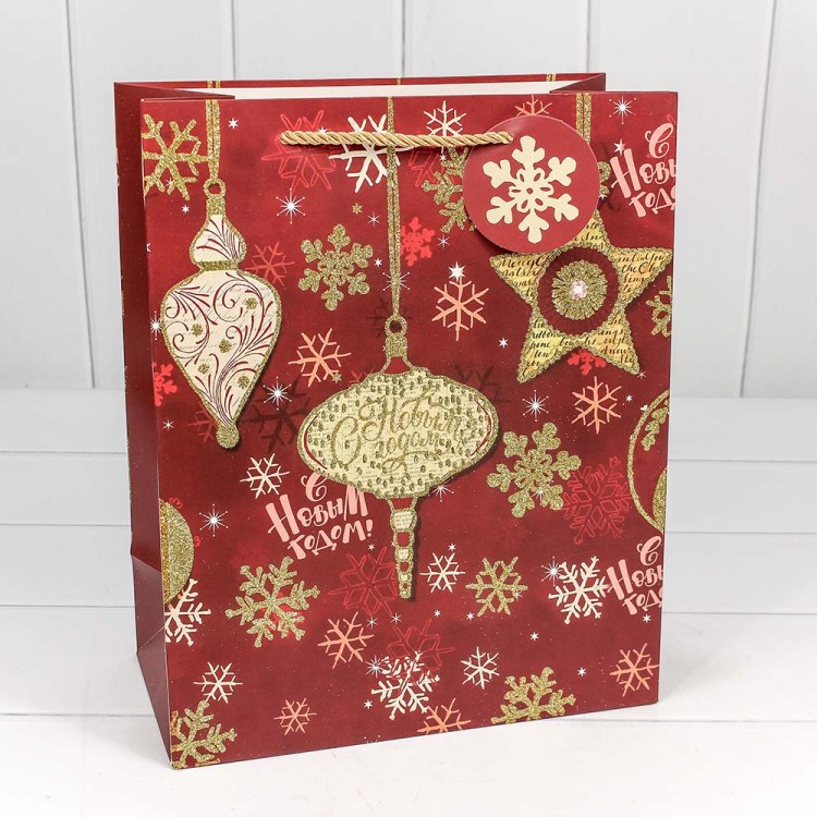 300320C Пакет подарочный с блеском "Новый год" (микс) 26*32*13 1/20 1/240