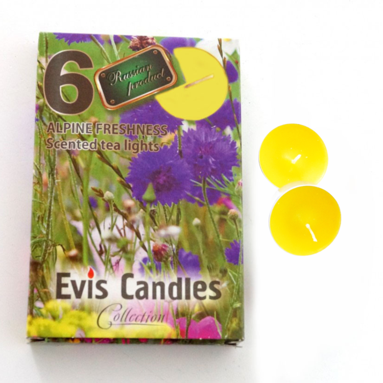 230010062802 Чайные свечи параф. малые D-37мм аром. АЛЬПИЙСКАЯ ЦВЕТЫ. Подарочная Уп., 6 штук