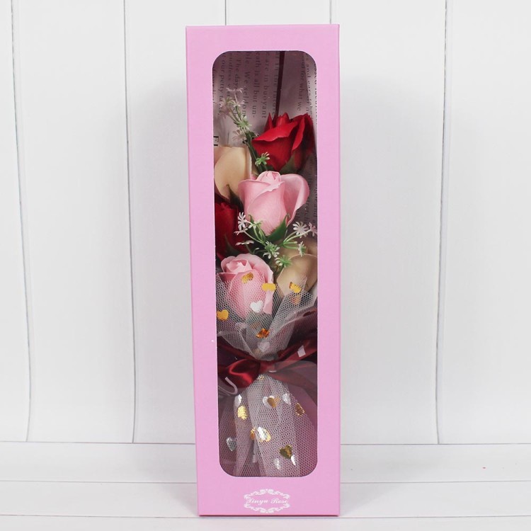 4533/1 Букет из мыльных цветов красный  Розовая упаковка 11*36,5*7,5 см