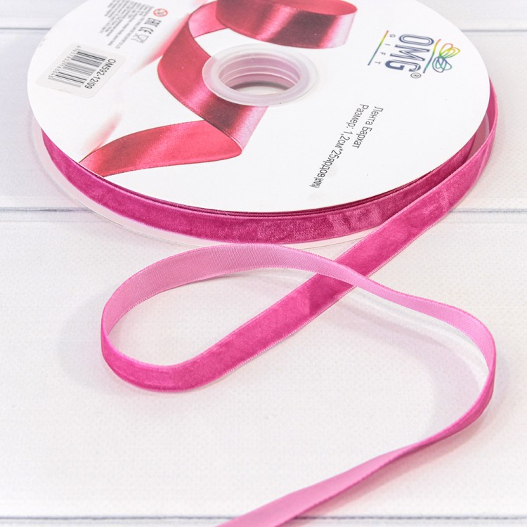 592-12/09 Лента Бархат 1,2см*25ярд Малиново-розовый 1/16 1/64			