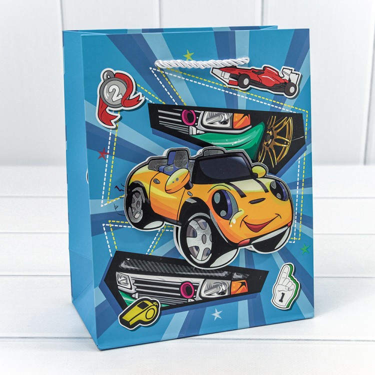 000253E Пакет подарочный с 3D аппликацией "Машинки" (микс) 18*23*10 210г 1/20 1/360