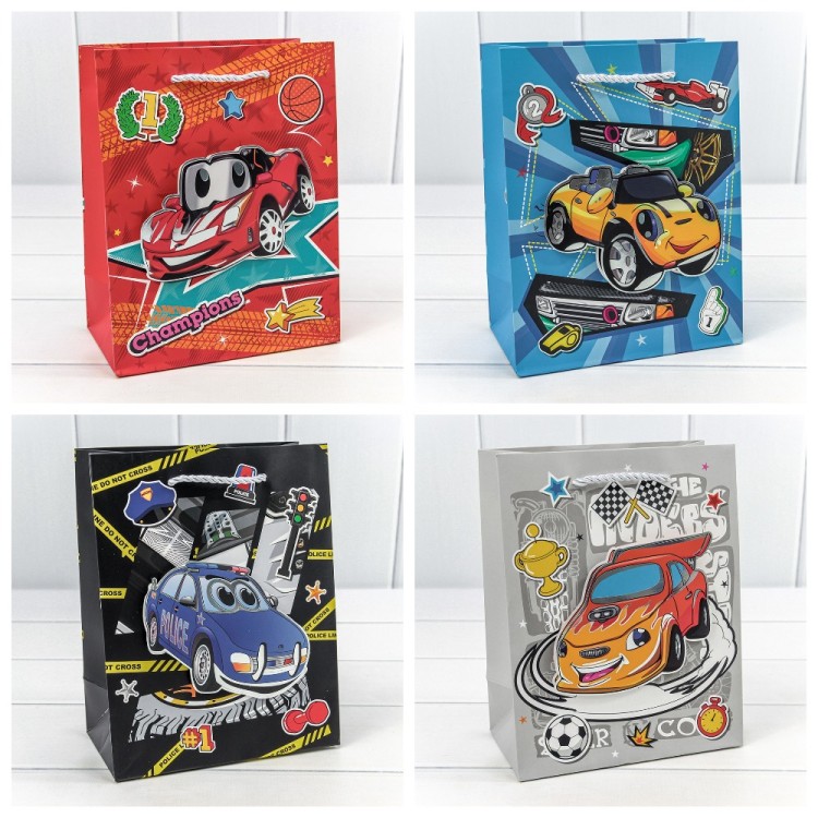 000253E	Пакет подарочный с 3D аппликацией "Машинки" (микс) 18*23*10 210г 1/20 1/360			