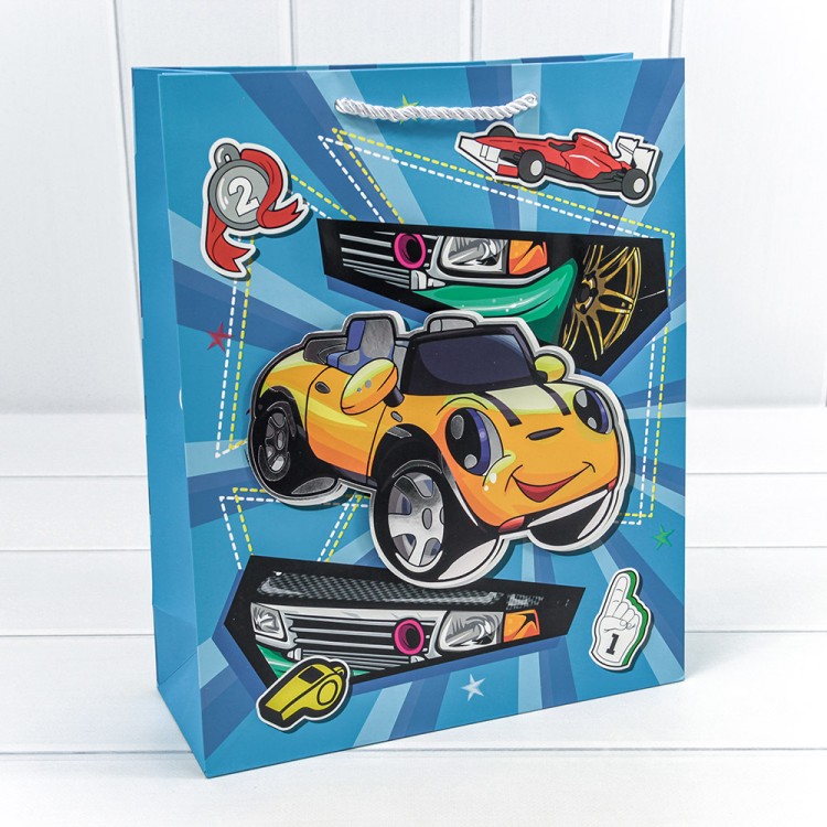 000253C Пакет подарочный с 3D аппликацией "Машинки" (микс) 26*32*10 210г 1/20 1/240